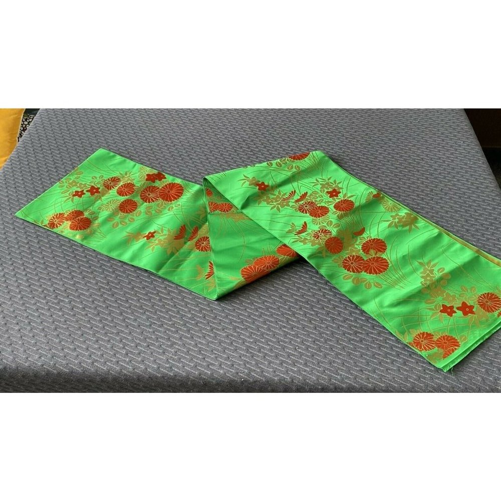 Vintage long Table Runner Oriental Satin Green Orange Floral 14 x 156